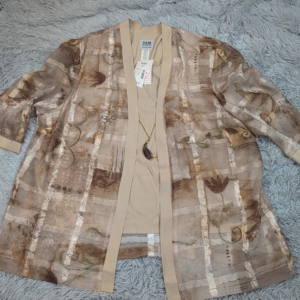 Vintage R&M Richards Shirt Womens 24WP Biege Open Front Jewel Elegant Preppy New